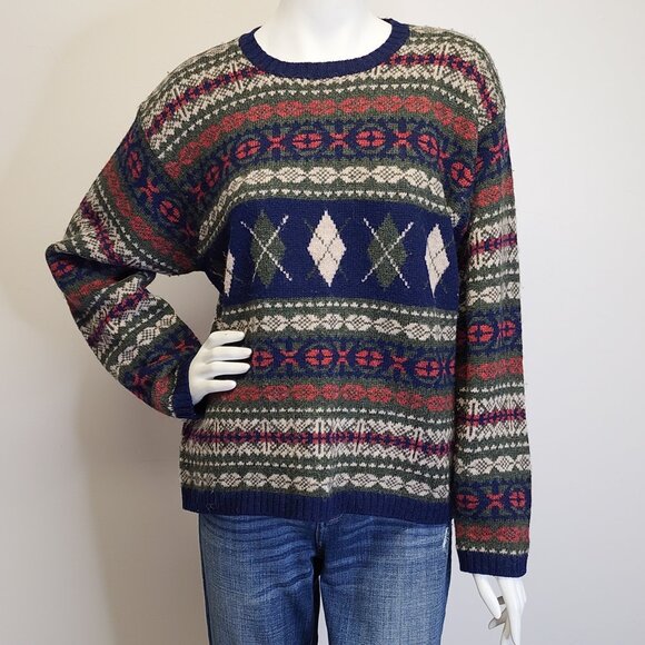 Vtg Paul Harris Womens L 100% Shetland Wool Preppy Fair Isle Boxy Sweater - Picture 2 of 7